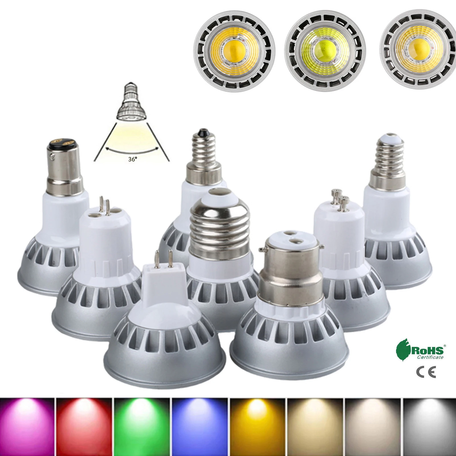 

Super Bright E27 GU10 E14 E12 B22 GU5.3 COB 5W LED Bulb Lamp 85-265V spotlight Warm White/Cold White led light Green Yellow