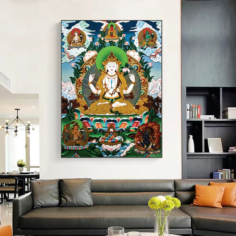 Vintage Buddhist Art Poster Buddha Shakyamuni Manjushri Mahakala Print Canvas Painting for Living Room Home Decor Wall Picture