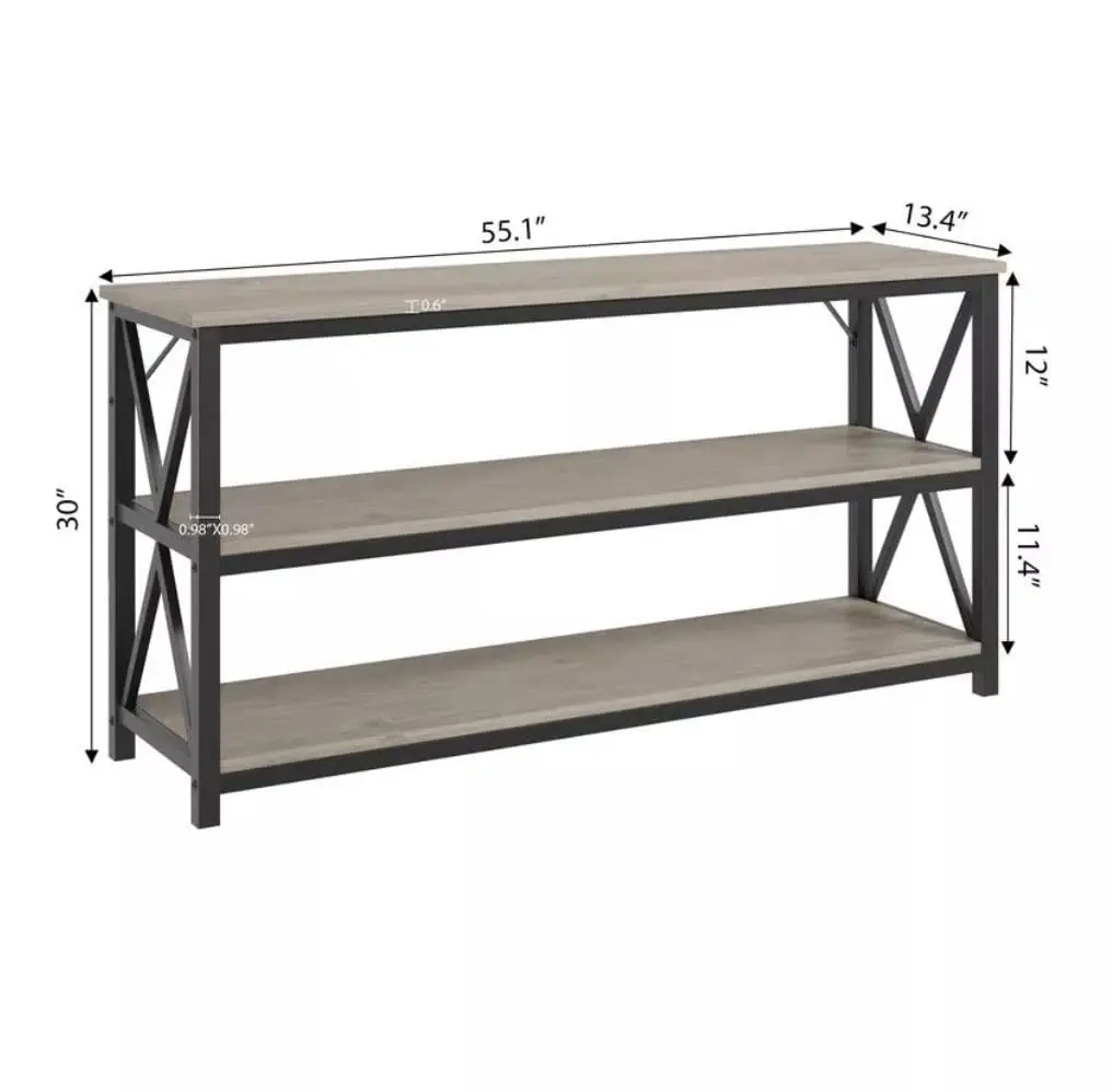 55 Inch Console Table 3-Tier Wood Storage Shelf Industrial Rustic TV Stand Farmhouse Side Table Living Room Grey, Customized