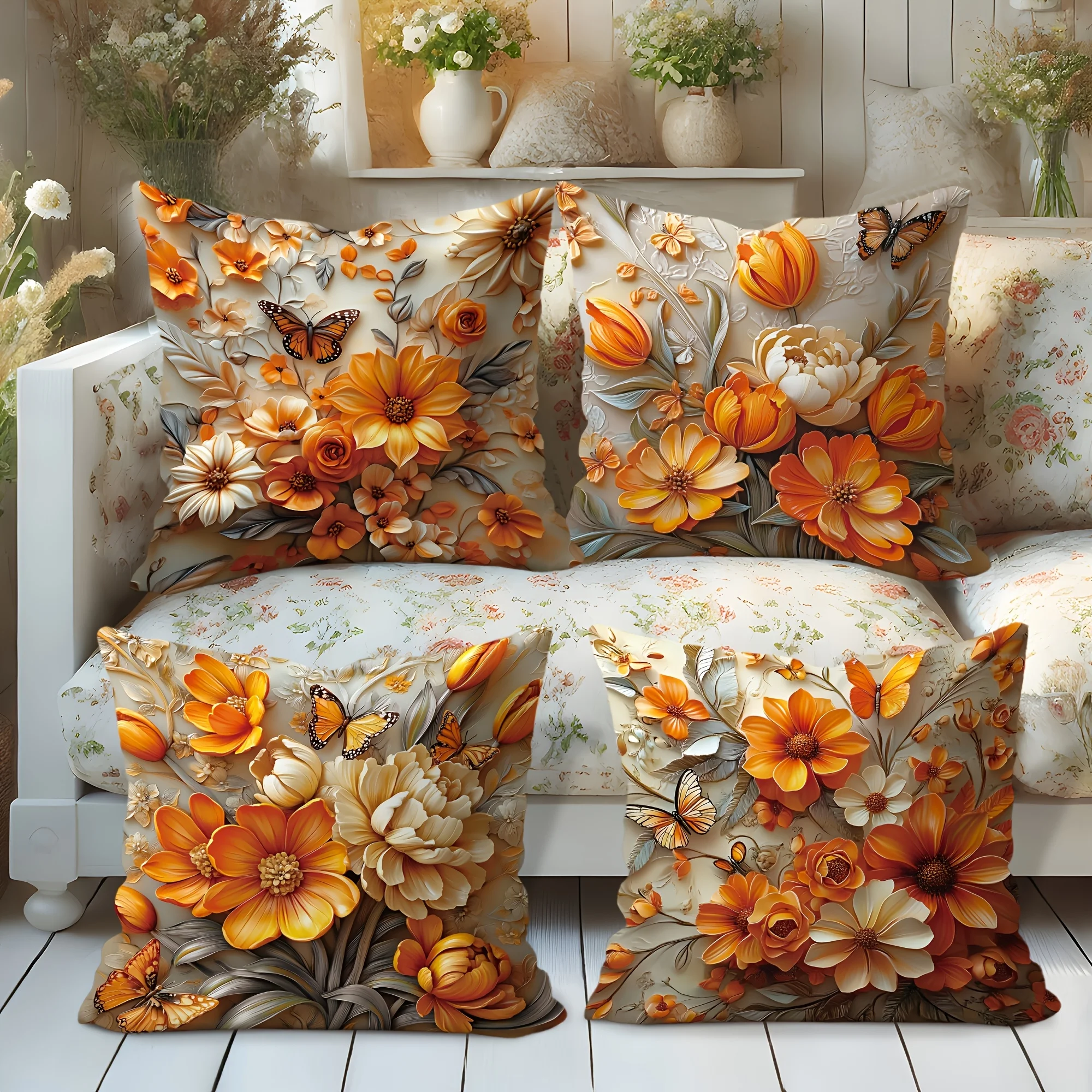 4pcs Floral Butterfly Pillow Covers – Orange and Yellow Botanical Print, Perfect for Sofa Bed and Living Room Autumn Home Decor