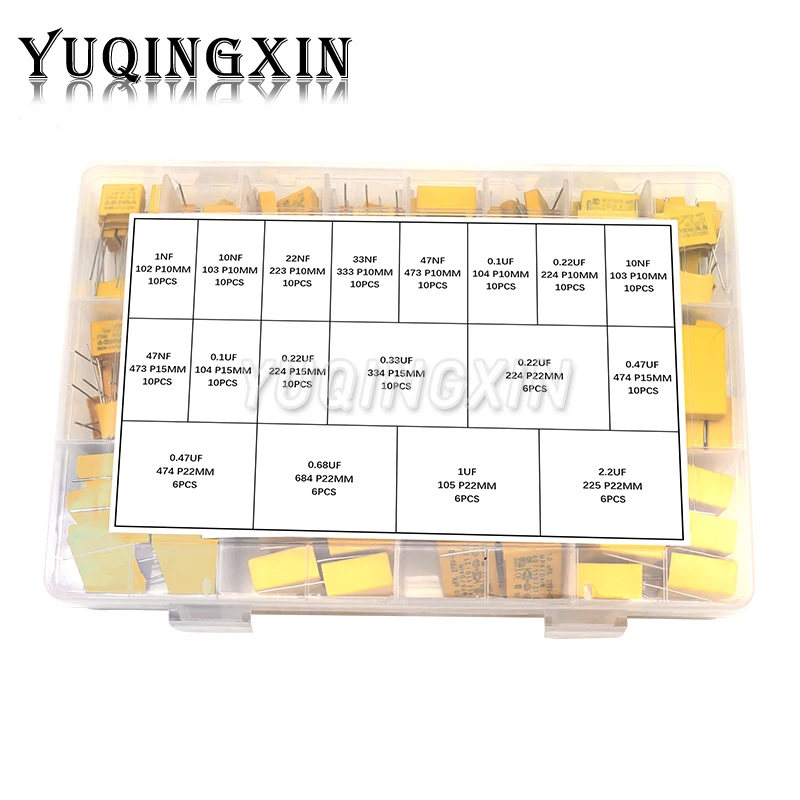 

160pcs Polypropylene Film X2 Safety Capacitor Assorted Kit 275VAC 18Values 102K-225K 1NF-2.2UF Sample Set