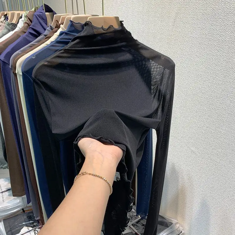 

Sexy Turtleneck Mesh Tops Women Y2k Harajuku Streetwear T-shirts Long Sleeve Bottom Shirt See-through Sun Protection Clothing