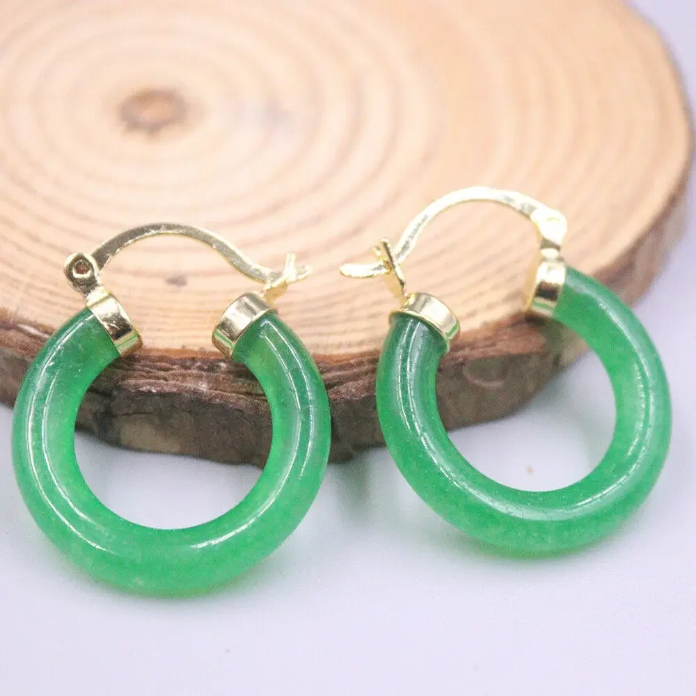 New 18K Yellow GP with Green Jade Circle Hoop Earrings 0.98inch