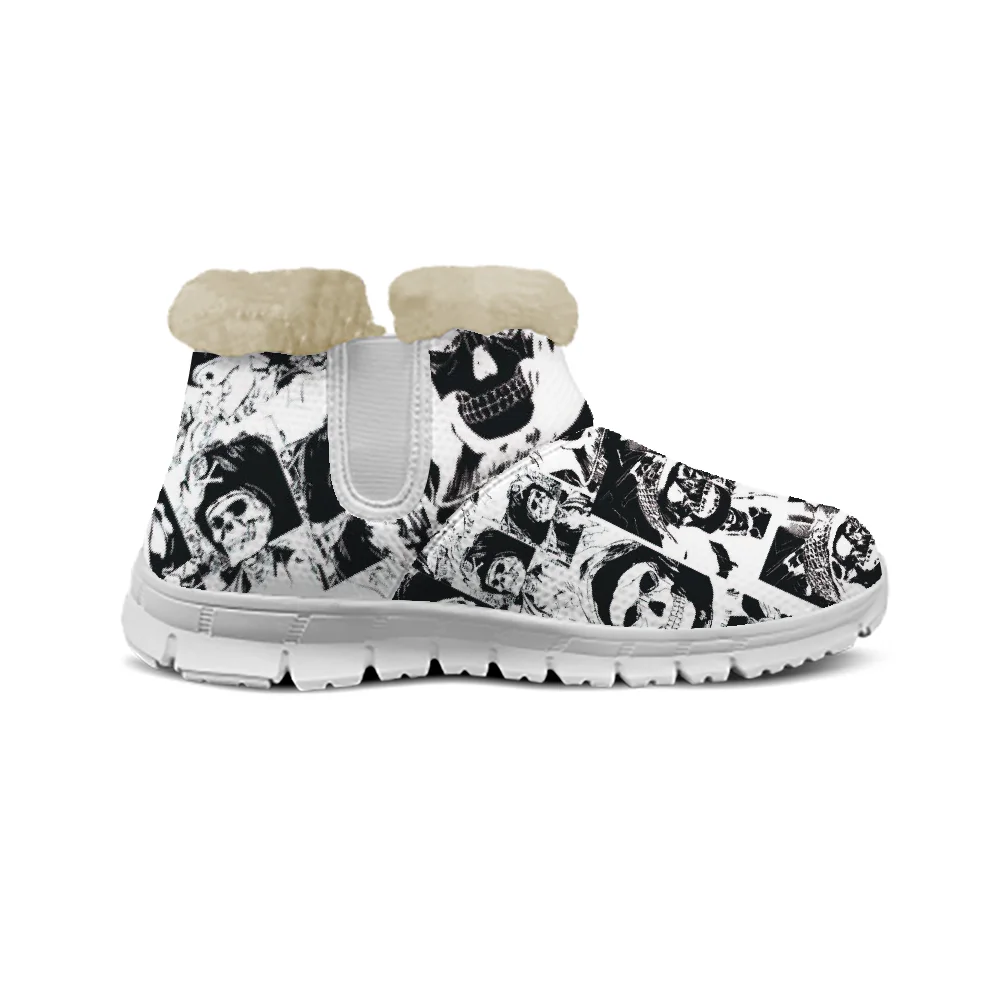 أحذية فرو مطبوعة على شكل جمجمة، جزء علوي شبكي دافئ سميك، حذاء كاحل داخلي خفيف الوزن للرجال والنساء.