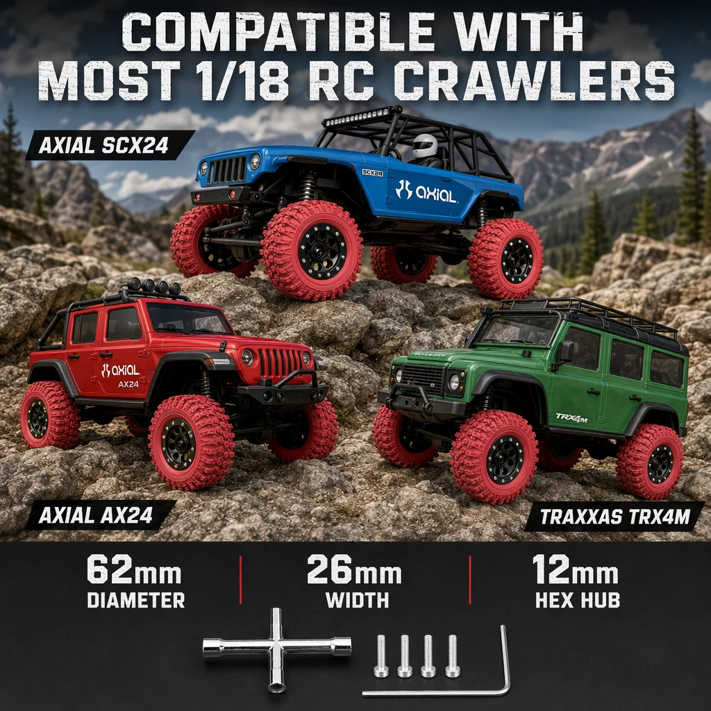 HFLRC 4PCS 1.3 RC Crawler Tires Beadlock Aluminum Wheels 65mm High Grip Rubber Offroad Tire 1/18 Axial SCX24 Upgrade Parts Set