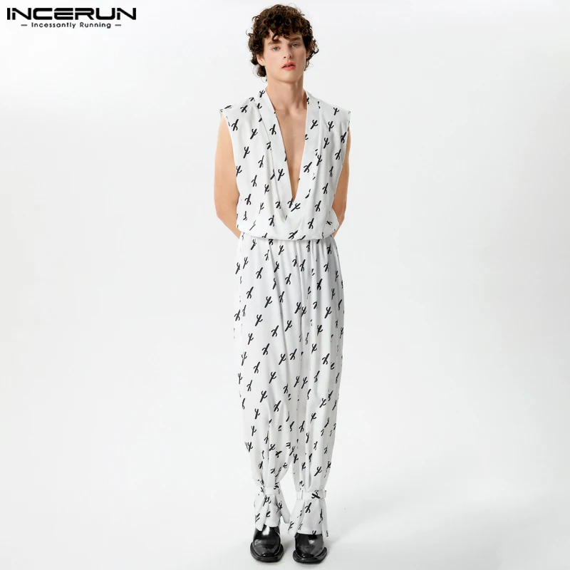 

INCERUN 2024 American Style Fashion Men Rompers Swing Collar Design Jumpsuits Casual Personality Male Sleeveless Jumpsuits S-5XL