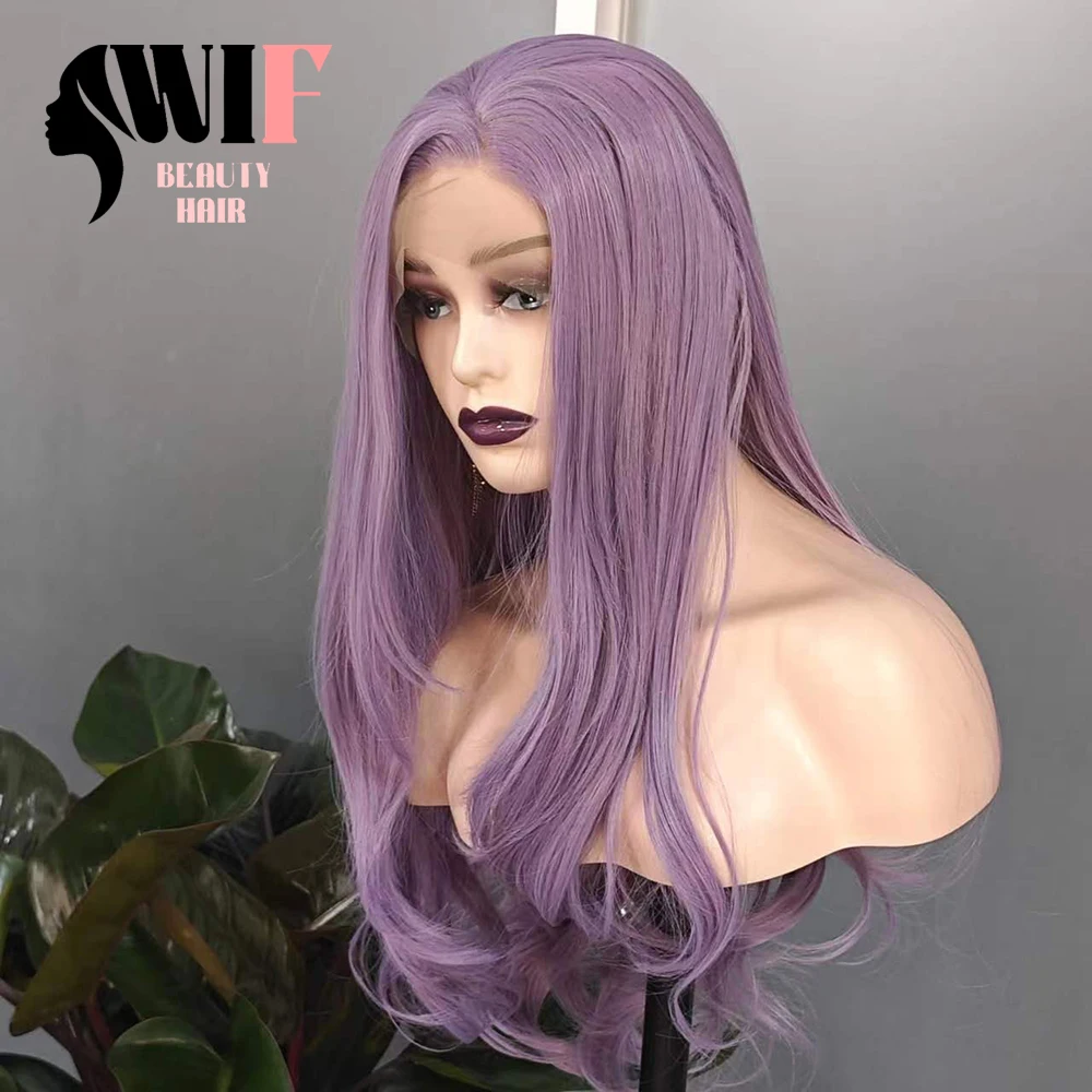 WIF Natural Wave Light Purple Long Hair Women Cosplay Use Long Wavy Heat Fiber Synthetic Lace Front Wig Daily Makeup Purple Wigs