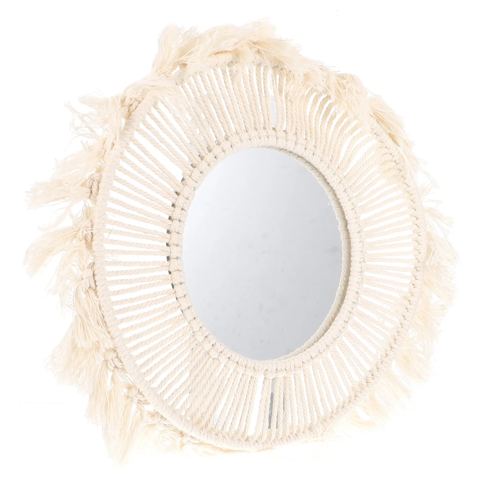 1Pcs Handmade Beige Macrame Wall Hanging Mirror Bohemian Style Decorative Round Mirror for Bedroom Living Room Boho Wall Decor