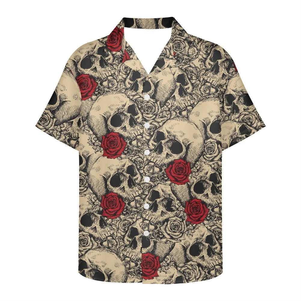 

Halloween Skull Print Men's Shirt New Design Men Short Sleeve V Neck Shirt Summer Style Casual Fashion Rose Print Men Clothing