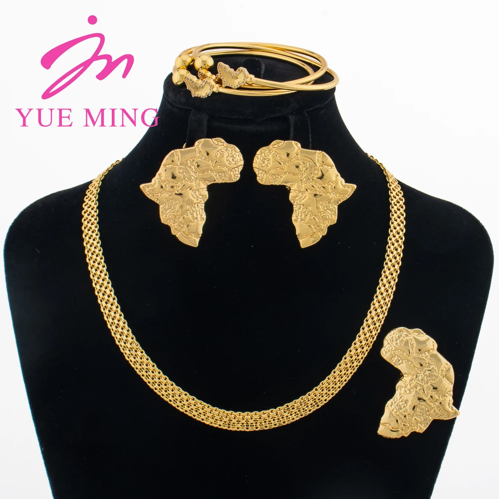 

Africa Map Jewelry Sets Dubai Gold Plated Copper Necklace Frosted Map Earrings for Women Cuff Bangles Ring Charm Clavicle Chains