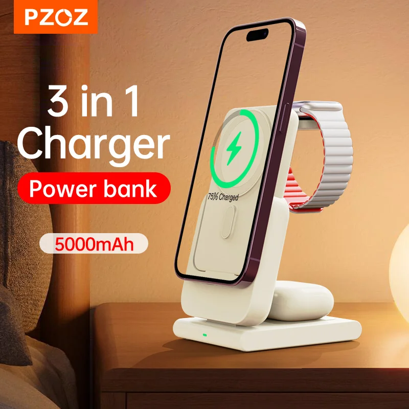 PZOZ PD 3 in 1 Power Bank 5000mah Mobile Phone Holder Wireless Charger PD Fast Charging Portable Powerbank For iPhone 15 14 13