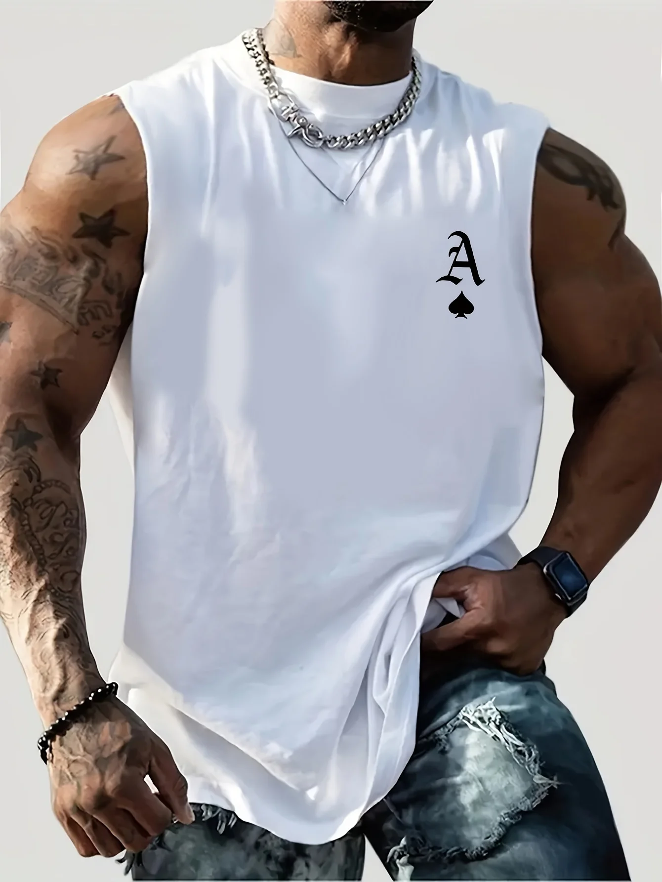 

Pop Men's Summer Leisure Sports Fitness Loose Spade A Print Comfortable Breathable Round Neck Sleeveless Tank Top