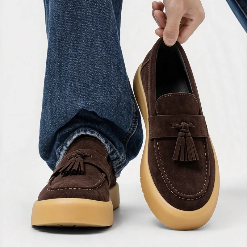 Men Tassel Penny Loafers Suede Slip On Platform Casual Shoes Thick Rubber Sole British Style Walking Footwear Large Size 39-46