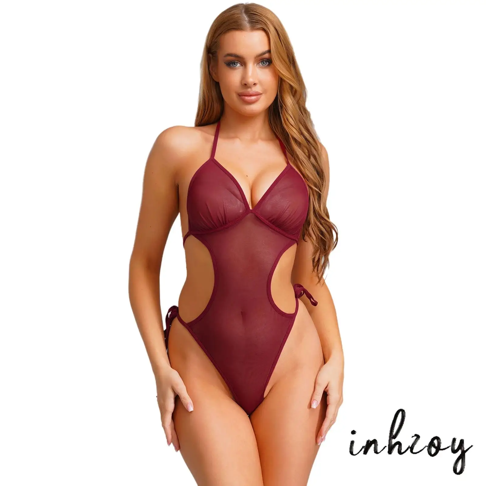 

Summer Sexy Womens See Through Mesh Bodysuit Swimwear Halter T-back Lace-up Leotard One Piece Nightwear Jumpsuit Bathing Suit