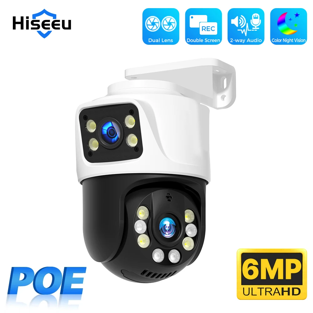 Hiseeu Dual Lens 6MP POE IP PTZ Camera H.265 Dual-Screen Outdoor Home Security Video Camera CCTV Surveillance Onvif Camera iCSEE