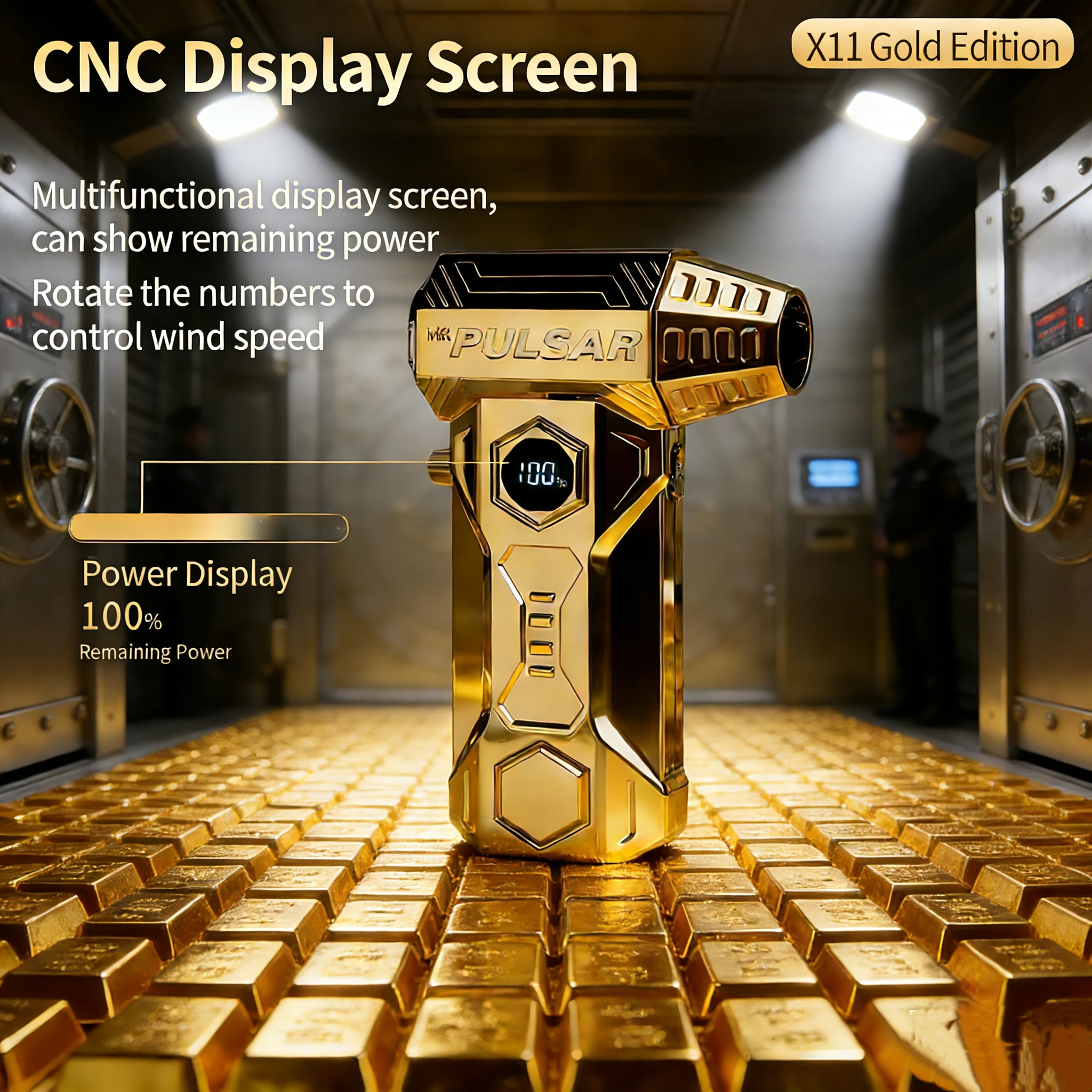 

2025Новый Мощный вентилятор Gold X11 Pro Max работает на 990 000 об/мин. и имеет скорость ветра 75 метров в секунду, 10000 мАч.