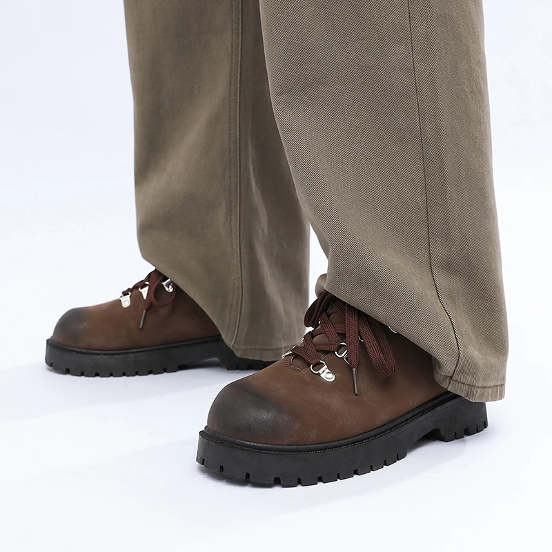 Men Vintage Big Toe Derby Work Shoes Chunky Platform Height Increasing Casual Boots Non Slip Lace Up Outdoor Oxford Footwear