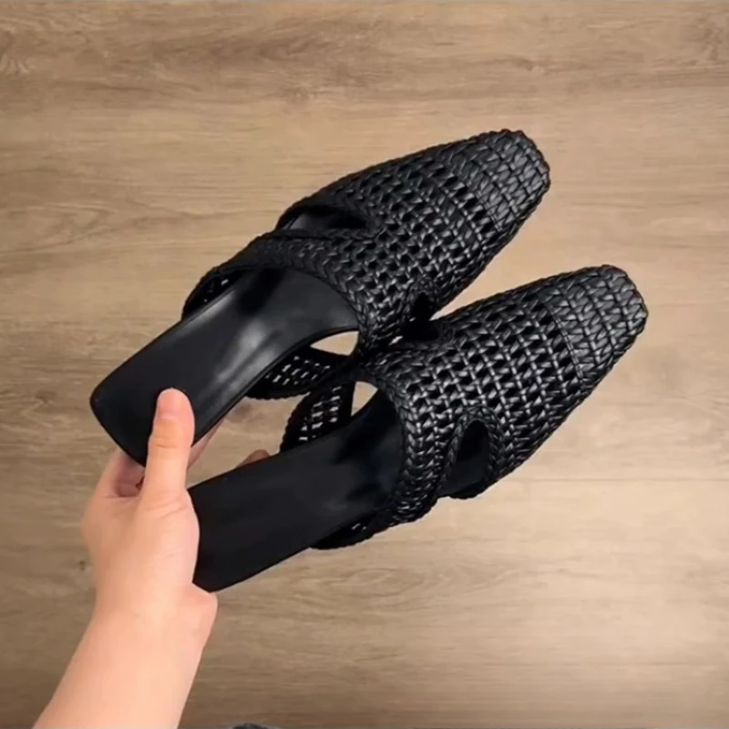Square woven hollow toe slippers for women wearing casual flat bottomed Mules shoes sandals for women