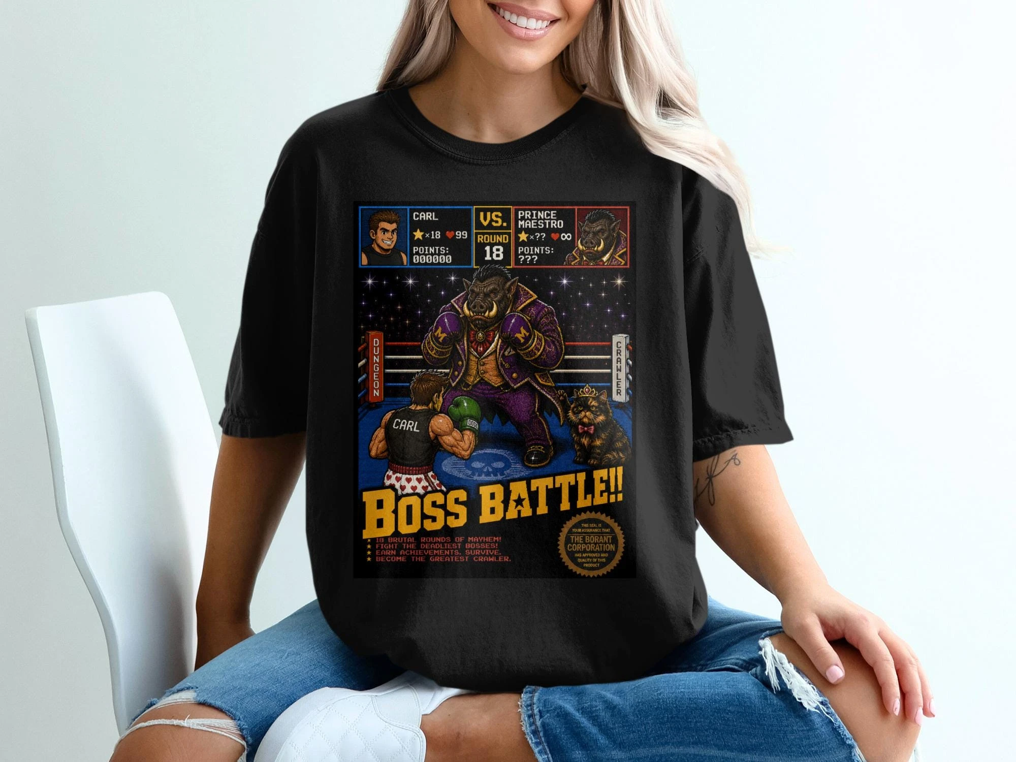 Dungeon Crawler Carl Boss Battle Shirt Retro Gaming Tee Black Casual Crew Neck T Shirt