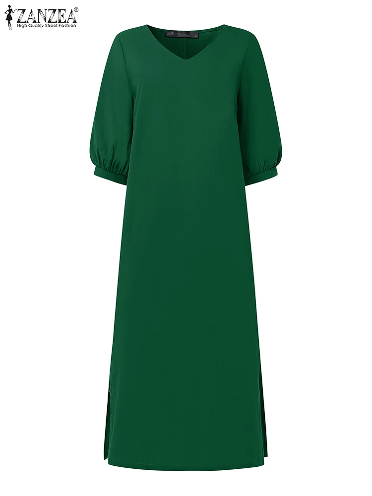 잔제아 캐주얼 코튼 린넨 미디 드레스 루즈핏 3/4 소매 V넥 데일리룩 여성용 사이드 슬릿 2025 여름 솔리드 베스티도스