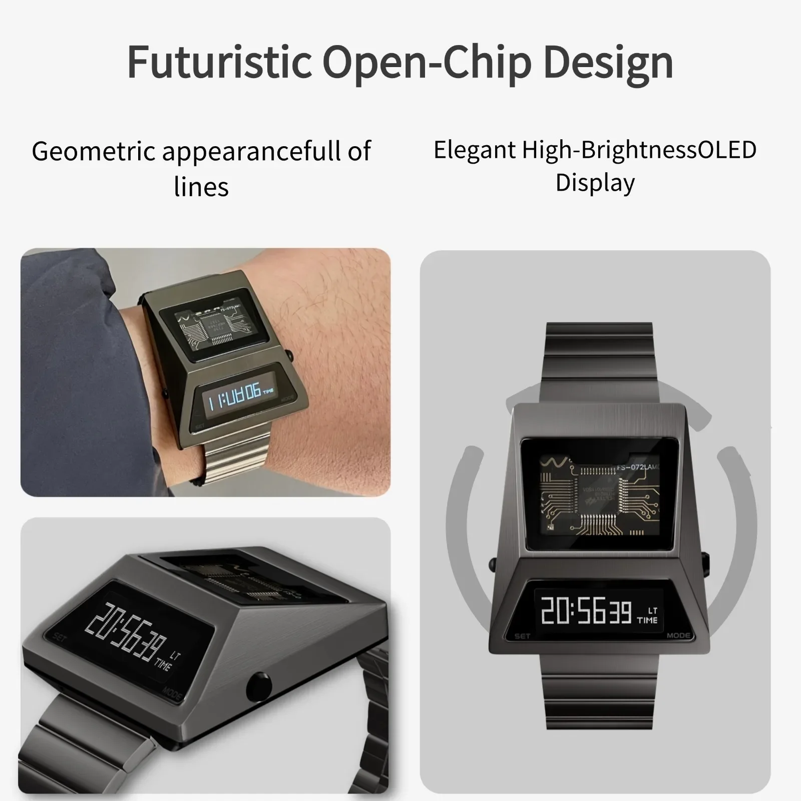 BENLYDESIGN Computron ساعة للرجال شاشة OLED بالطاقة الشمسية ساعة رقمية للرجال رفع إلى الاستيقاظ شاشة ساعة Cyberpunk ستانلس S3000-C