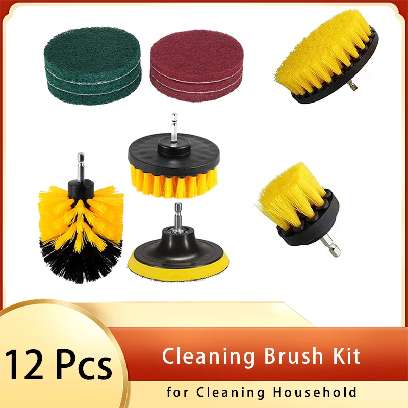 4 Inch Drill Cleaning Power Brush 12 Pcs include Scouring Pads Clean Brush and Extension Rod for Heavy Duty Household Cleaning