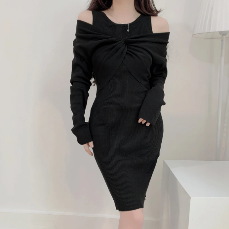 Vestido Curto de Malha Slim Fit com Design de Ombro Descoberto e Torcido, Camada Base + Top Sem Mangas para Moda Fena de ...