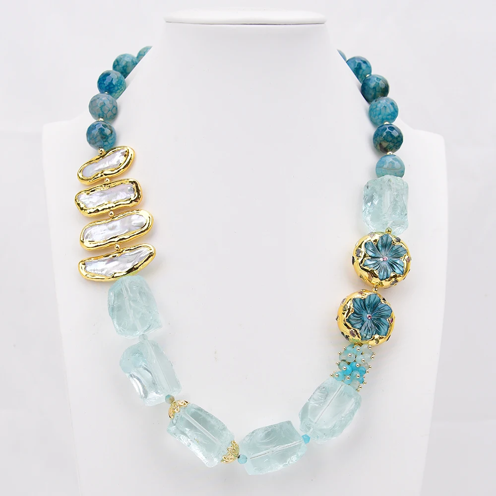 g-g-natural-blue-fire-agate-stone-glass-rough-white-biwa-pearl-gold-edged-shell-beads-necklace-21''