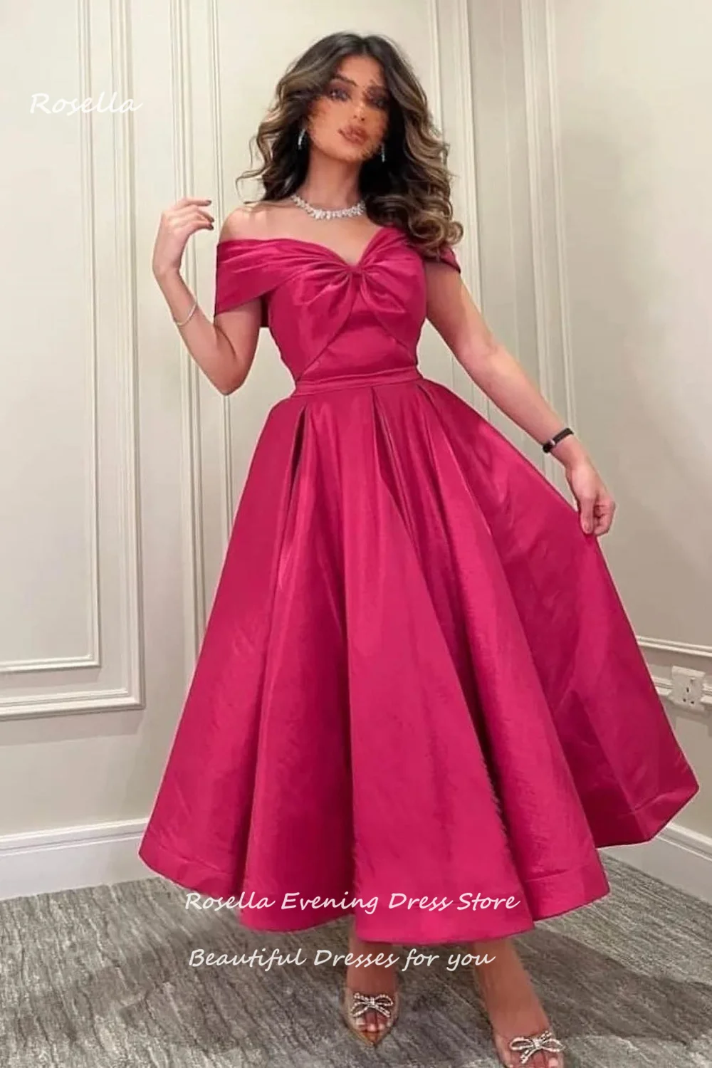 ROSELLA Pink Off The Shouler Women Dresses For Cocktail Party Short Sheath Bow A Line Mini Formal Prom Gown New 2023