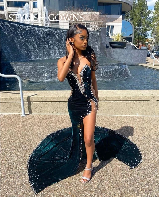 Strapless Velvet Long Prom Dress For Black Girls 2023 Beaded Crystal Birthday Party Dresses High Slit Evening Gowns Mermaid Robe AliExpress