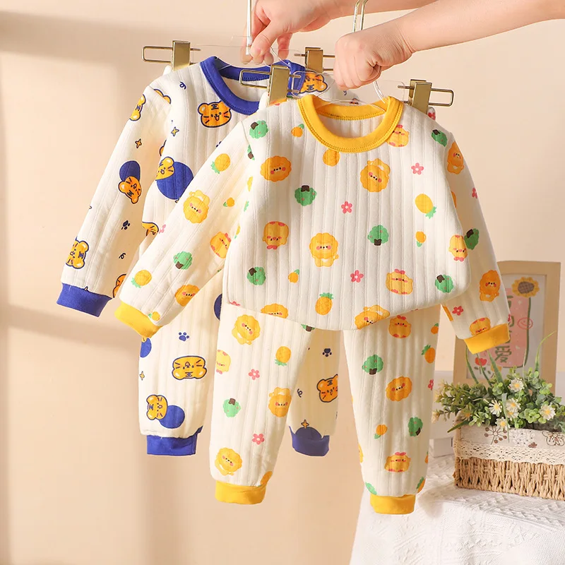 2023 Autumn And Winter New Children's Three-layer Laminated Cotton Thermal Underwear Set Thickened Boys And Girls Homewear Child