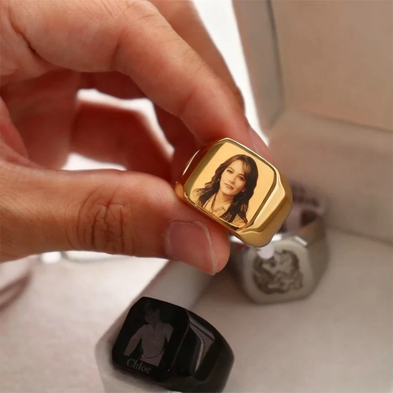 Stainless Steel Jewelry anillos Rings for Man Woman Custom Text Photo Logo Laser Engraved Portrait Black Silver Color Ring Gift view 2