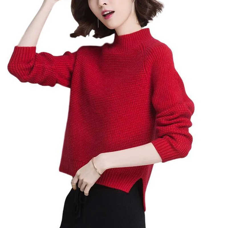 Women Autumn Winter Solid Color Plush and Thicken Sweaters New High-quality Long Sleeve Mock Neck Split Fork Knitting Bottoming