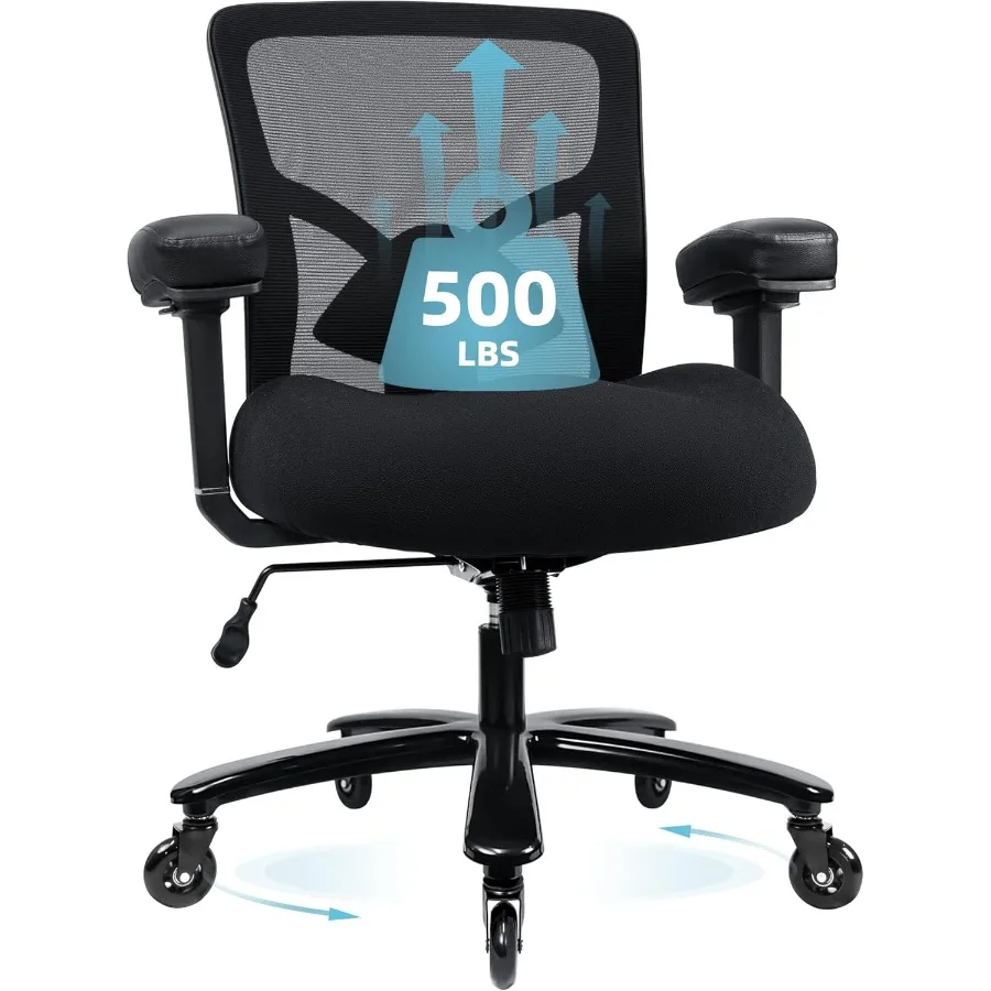 

Большое и высокое офисное кресло 500 фунтов, эргономичное сетчатое настольное кресло для тяжелого использования с широкой толстой подушкой сиденья, регулируемой поясничной су