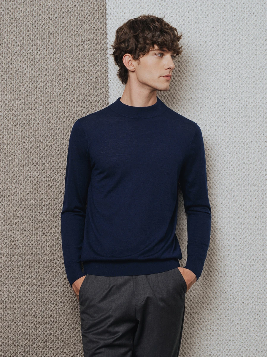 Men's 90% Wool 10% Cashmere Sweater for Layering, Premium Soft Knit Pullover in Navy Blue, 2025 Fall Winter Collection M 2XL