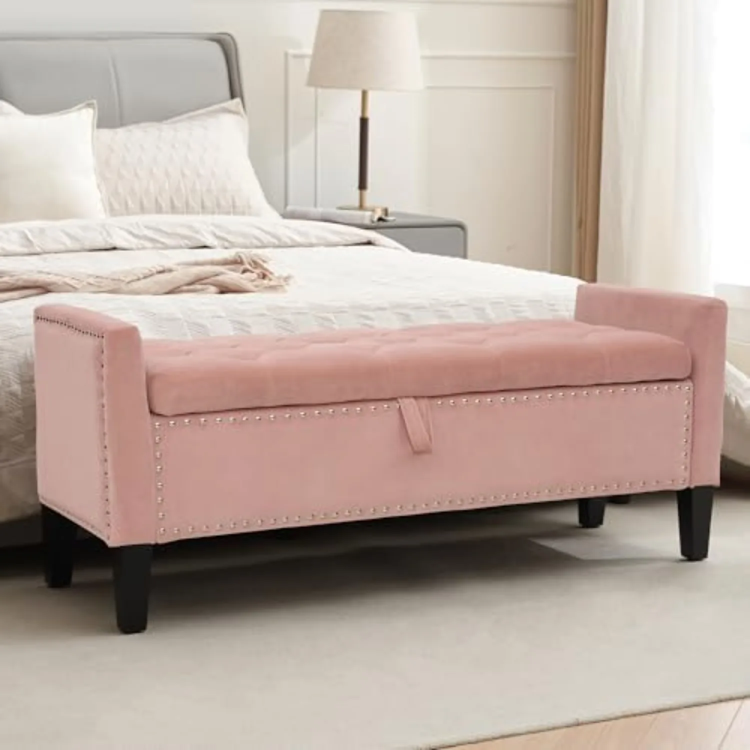 Velvet Ottoman with Storage, 46'' Upholstered Button Tufted End of Bed Bench with Arms, Modern Storage Bench for Living