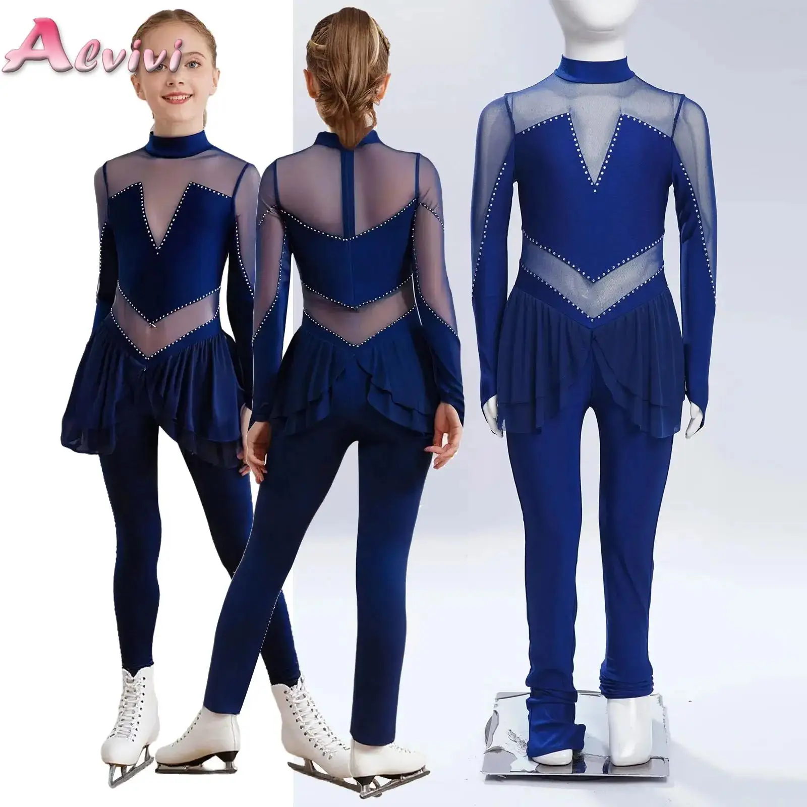 

Kids Girl Shiny Jumpsuit Long Sleeve Leotard Skirted Bodysuit for Figure Skating Ballet Dance Gymnastics Performance Competition
