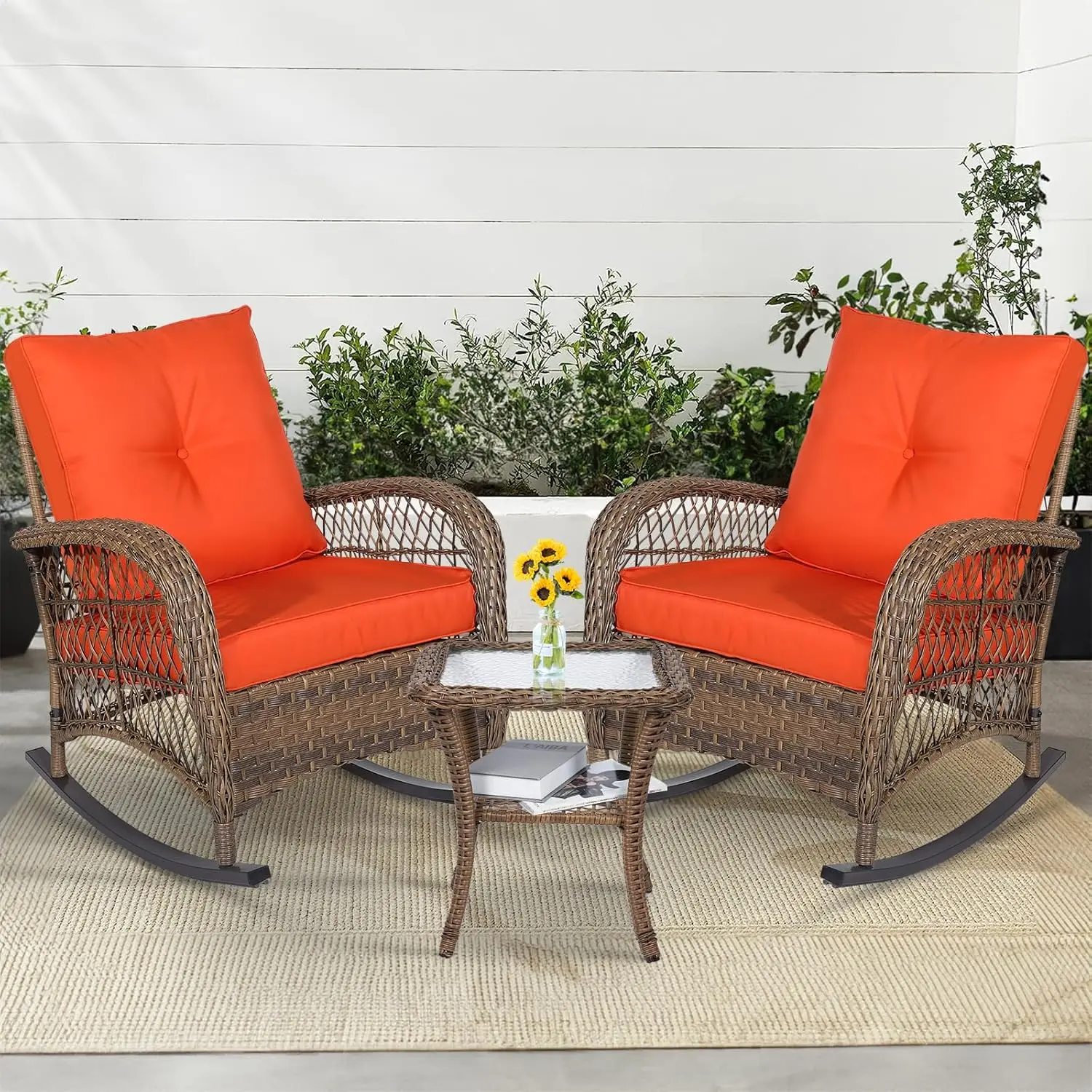 

3pc Wicker Rocking Chair Set with Cushions & Glass Table for Porch Backyard, Customized