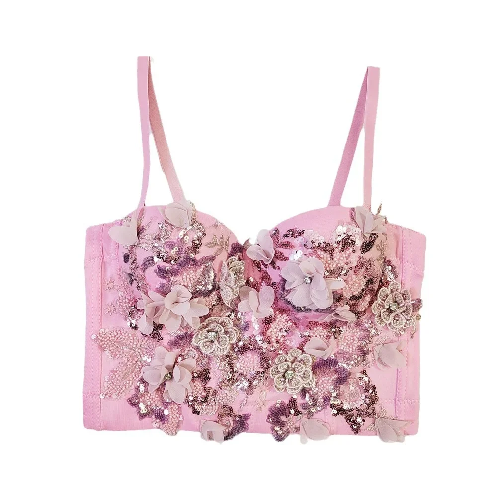 Underwire Sequin Backless Bra with Handmade Sewing 3D Flowers Fishbone Bralette Shape Corset Sex Underwear Bras for Women