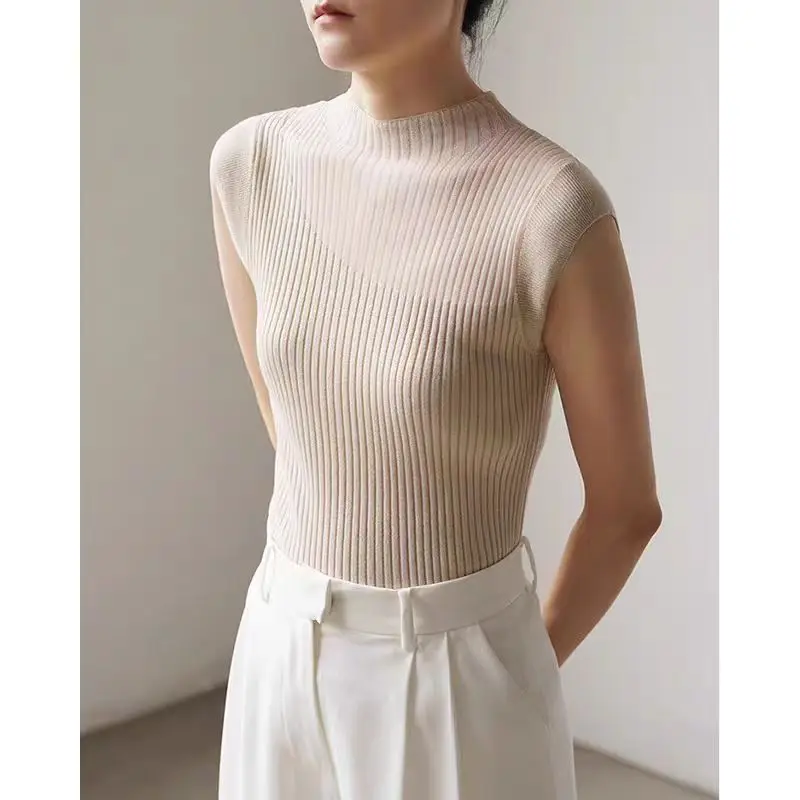 Semi-Transparent Black Silk Knitted Top Short Sleeve Women Summer High-End Ice Silk Shoulder-Length Sleeveless Thin T-Shirt