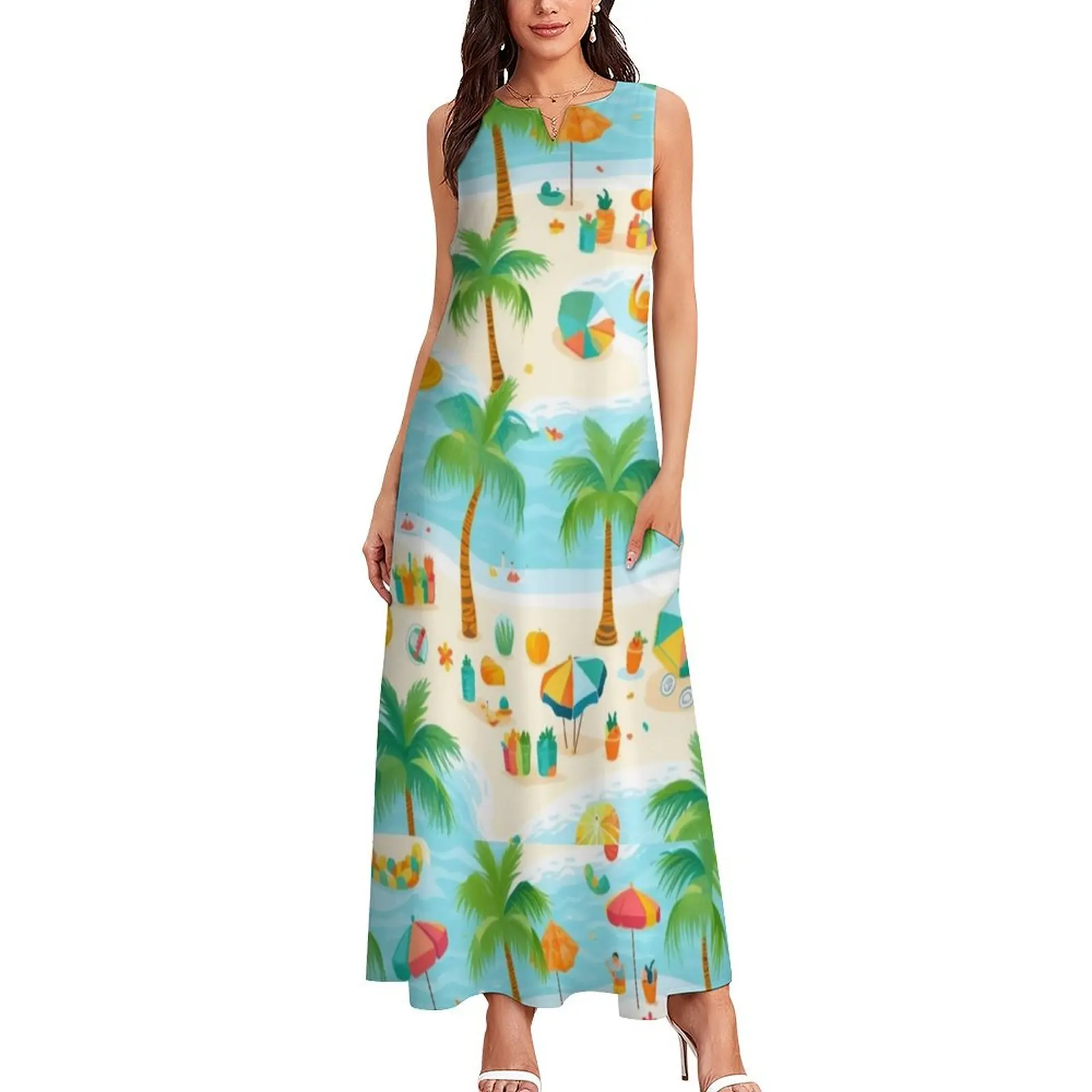 Cartoon pictures with beach theme Long Dress summer dress woman 2024 luxury dress