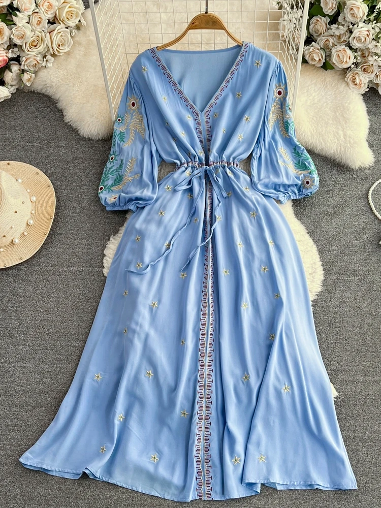 Verano Vintage étnico Sle V-Ne bordado A-Line Midi Dr vacaciones en la playa cintura acupendo adelgazamiento largo Sve Dr
