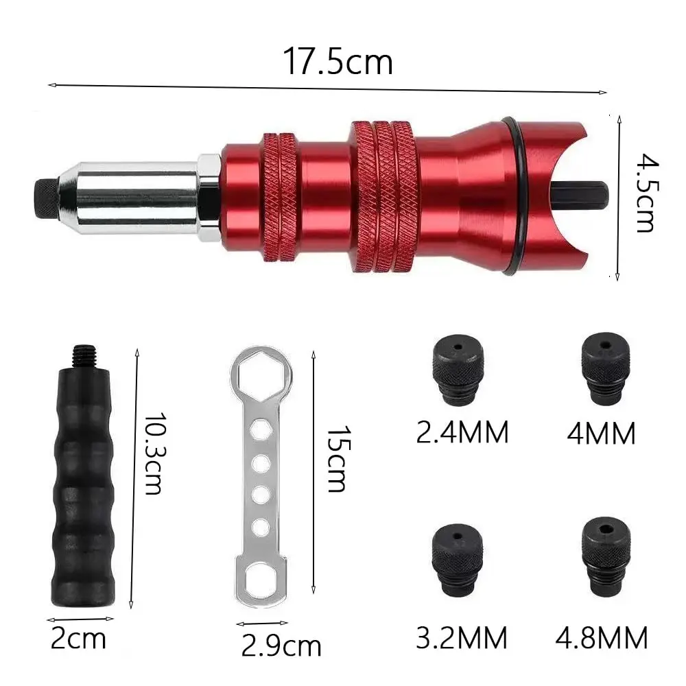 Rivet Gun Drill Adapter, Converts Drill into Riveting Tool with Ergonomic Anti-Slip Handle, Red Aluminium Body for DIY Auto Cons