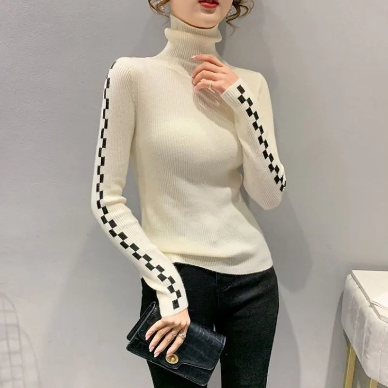 Female Pullover White Splicing Plaid Knitted Sweaters for Women Turtleneck Korean Fashion New Knitwear Original Hot Sale Winter