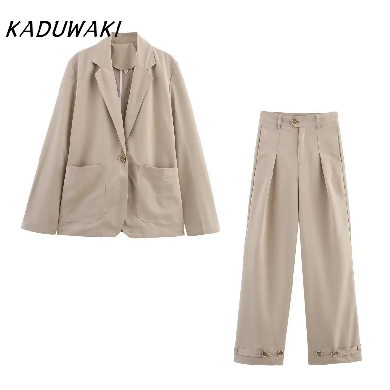 

KADUWAKI Women Mid Rise Pants Set 2 Piece Set Long Sleeve Blazer with Button Pleated Trousers Two Piece Set Women Outfit 트위드 투피스