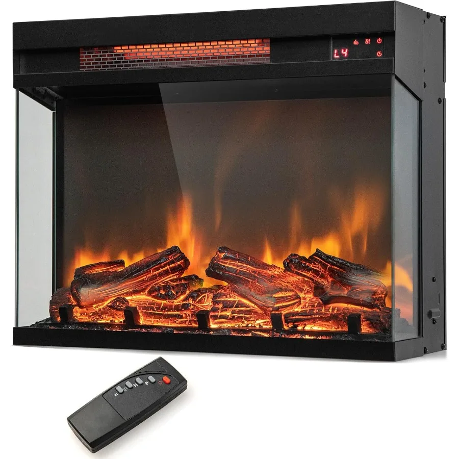 

23-дюймовый 3-сторонний электрический камин с дистанционным управлением Каминный обогреватель 1500 Вт с термостатом Регулируемая яркость 8 часов Тим