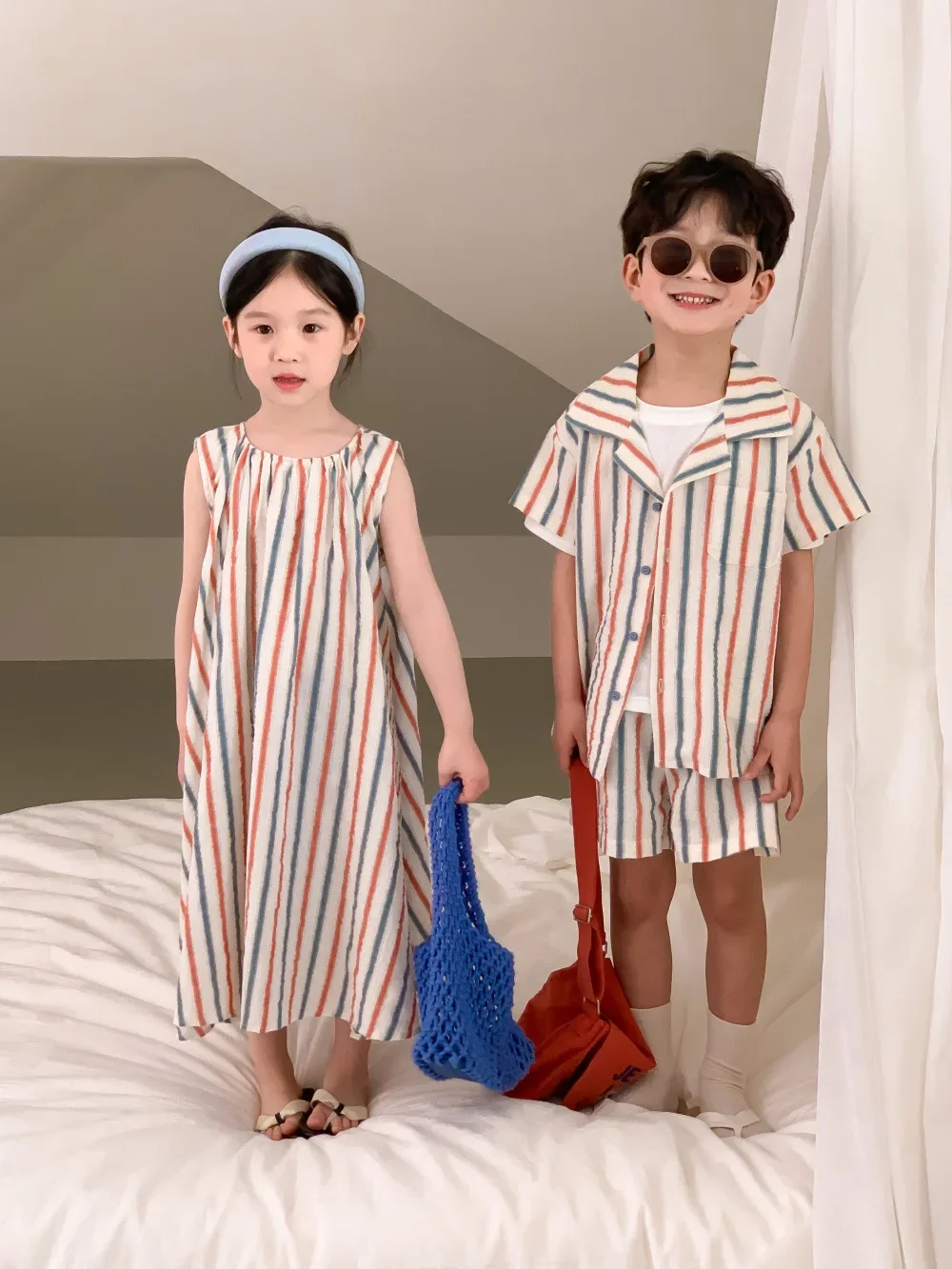 1-9T Summer Striped Boy Clothes Set Girl Striped Dress Short Sleeve Shirt+Shorts,Cotton Sleeveless Dress Family Matching Outfits