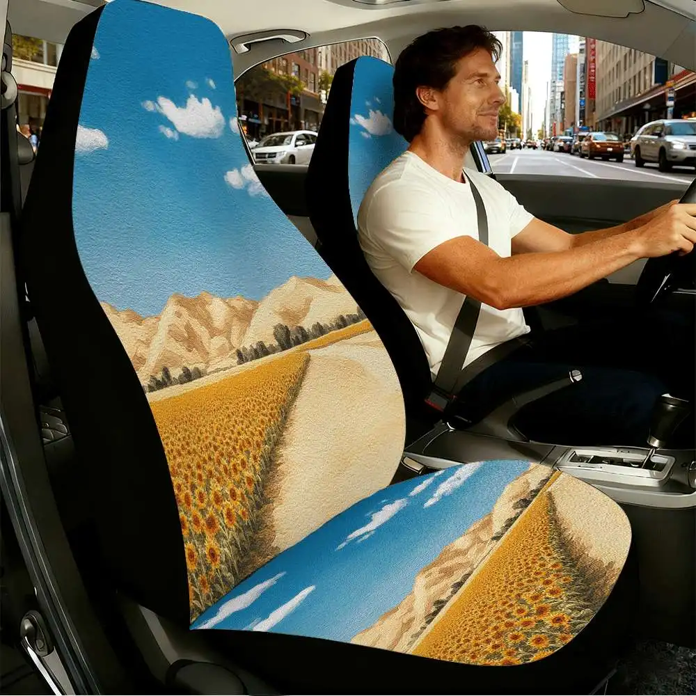 2pcs Golden Sunflower Field Car Seat Covers | High Back Design, Polyester Material, Universal Fit For Cars, SUVs, And Trucks, Wo