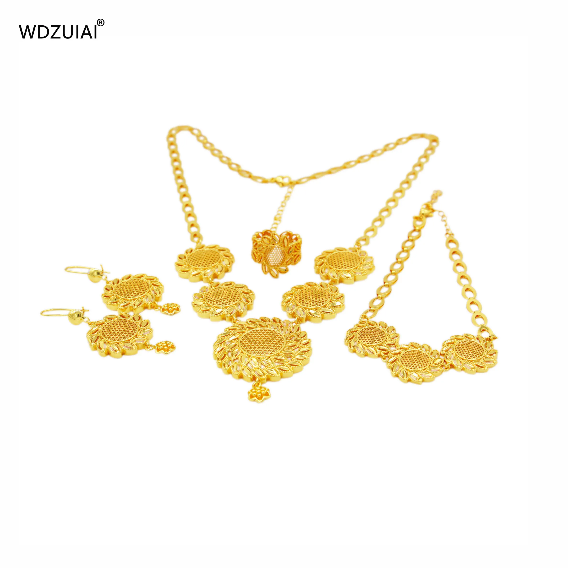 WDZUIAI New Arrival 24K Gold Color Necklace/Bracelet/Earrings/Ring Set for Women African Ethiopian Russia Bridal Wedding Jewelry