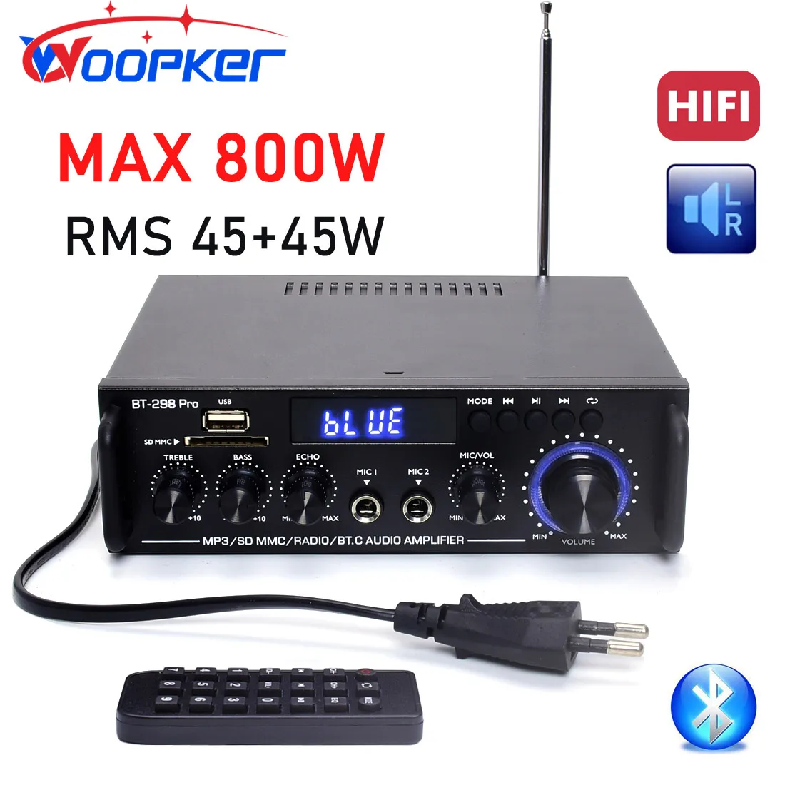 

Woopker Power Amplifier BT 298Pro Bluetooth 5.0 MAX 800W for Home Theater Speakers Subwoofer Channel 2.0 Stereo Media Player